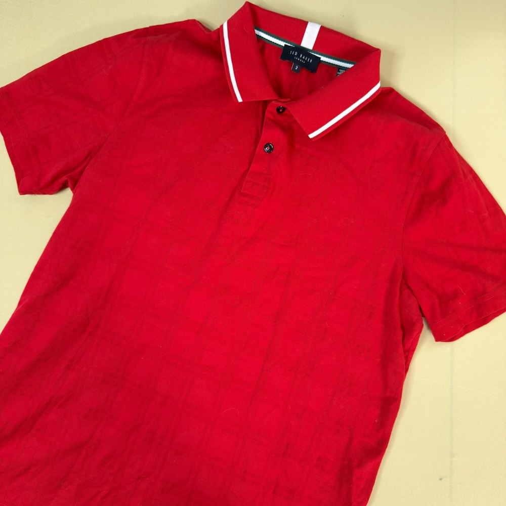 Ted Baker Polo Shirt Mens 2 Small Red Excellent Tonal Check Contrast Collar